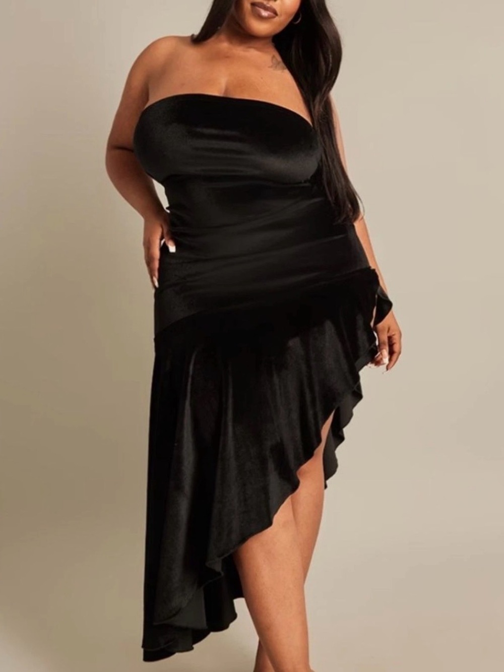 Plus Size Strapless Asymmetrical Black Velvet Dress